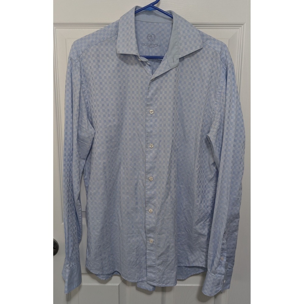 Bugatchi Uomo Mens Light Blue Checkered Jacquard Long Sleeve Button Down Shirt